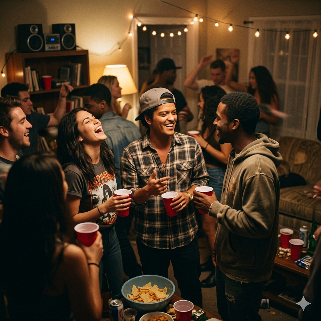Friends laughing at a house party as a Bruno Mars song plays