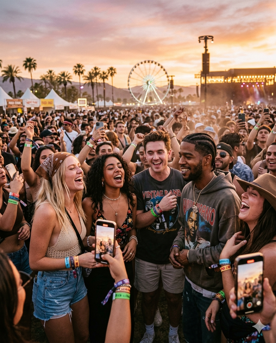 Festival crowd singing together as Kid Cudi performs at sunset