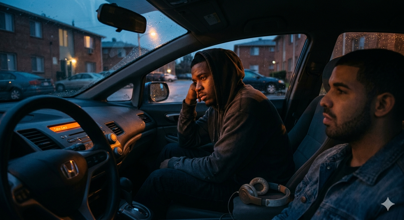 Two friends sitting in a car at dusk while a Drake song plays in the rain